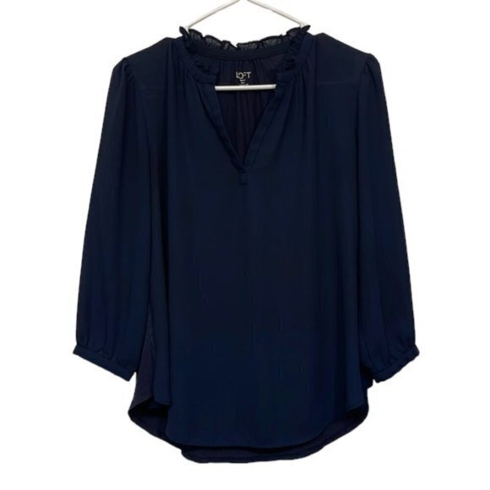 Ann Taylor LOFT Outlet Petite Navy Blue Long Sleeve Blouse Size SP EUC #6928